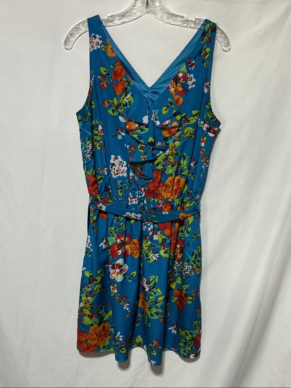 Express Vibrant Blue Tropical Floral Ruffle V-Neck Mini Dress Sz M